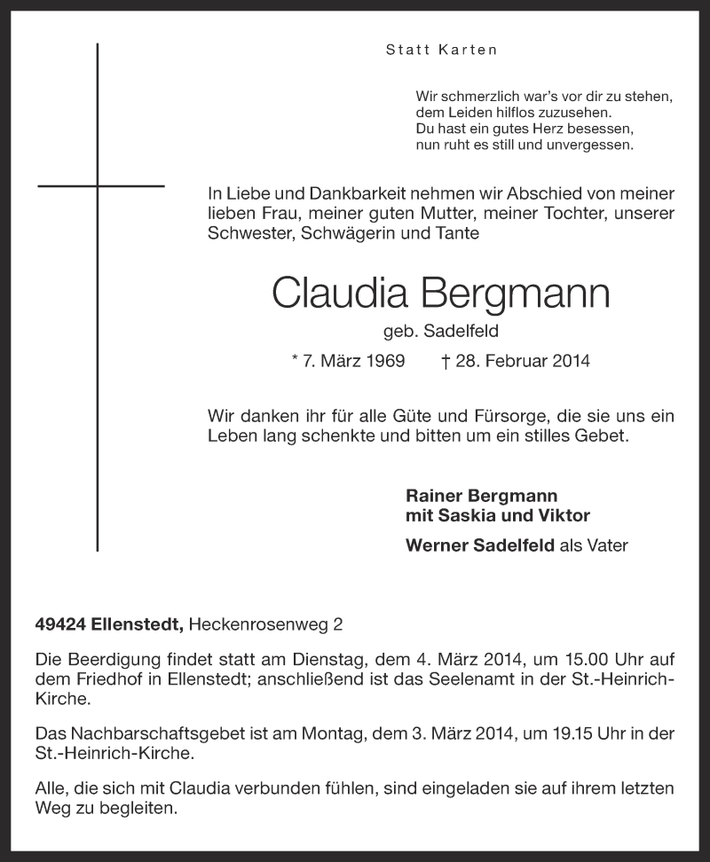  Traueranzeige für Claudia Bergmann vom 01.03.2014 aus OM-Medien